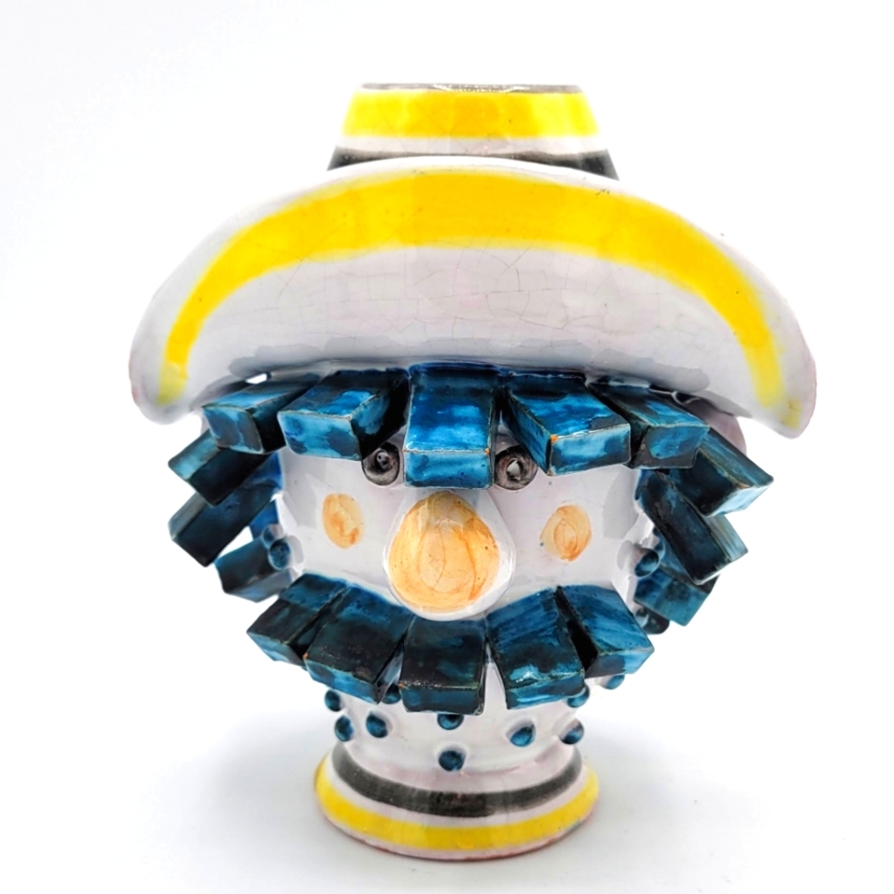 Hand Crafted Yellow White Blue Ceramic Clown Bust Sculpture